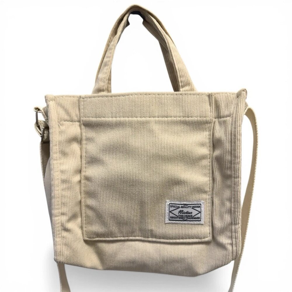 Canvas Corduroy Tote Bag Beige Snap Closure Pocket Adjustable Shoulder Strap
